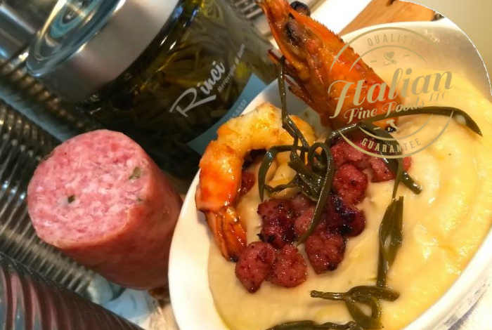 White kidney beans cream with sea fennel and shrimps